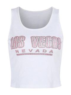 Las Vegas Ribbed Rhinestone Cropped Tank Top