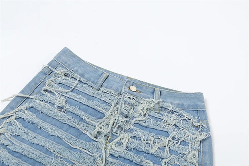 Distressed Out High Waist Denim Skirt