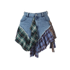 Jada Plaid Splice Denim Mini Skirt