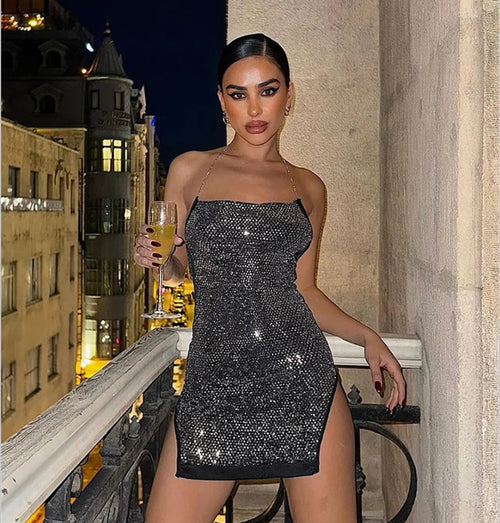 All For Fun Chain Strap Backless Sequin Mini Dress