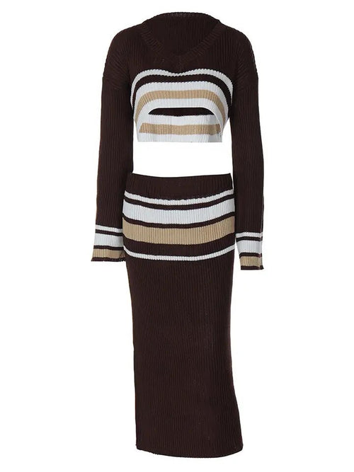 Bernice Ribbed Knit Striped Sweater Midi Skirt Set