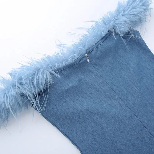 Total Temptation Feather Off Shoulder Denim Mini Dress