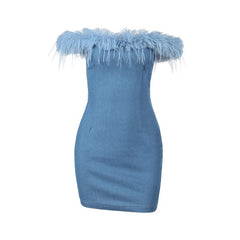 Total Temptation Feather Off Shoulder Denim Mini Dress