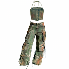 Too Slick To Handle Cargo Denim Halter Cargo Pant Set