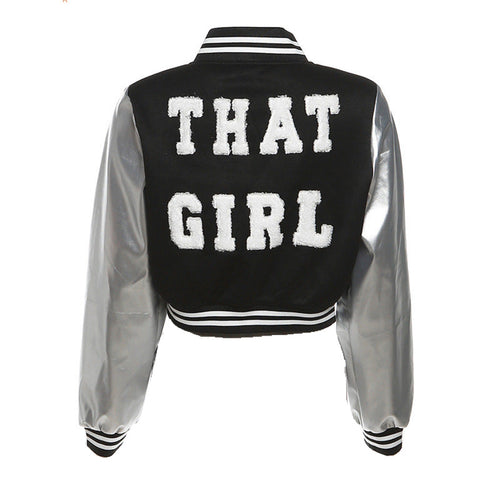 THAT GIRL Metallic Cropped Varsity Jacket