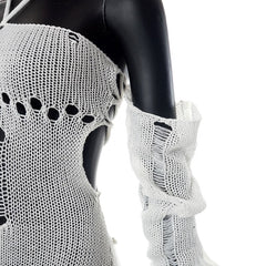 Lola Halter Crochet Knit Distressed Jumpsuit