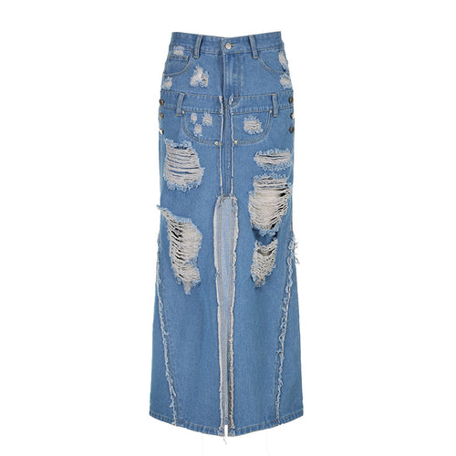 Raw Hem Ripped High Waist Slit Denim Maxi Skirt