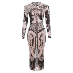 Remi Printed Mesh Long Sleeve Midi Dress