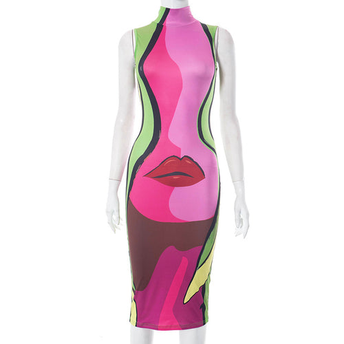 Read My Lips Mock Neck Sleeveless Printed Midi Dress