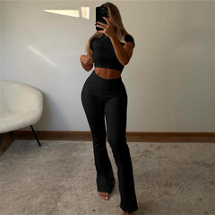 Solid Short Sleeve T-Shirt High Waist Legging Pant Set