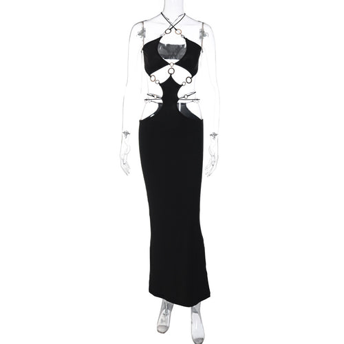 Women Clothing Summer Sexy Low Cut Ring Stitching Halter Spaghetti Straps Backless Slit Dress