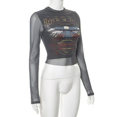 Rock & Roll Vintage Graphic Ripped Mesh Long Sleeve Crop Top