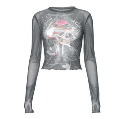 Rose Skull Graphic Print Long Sleeve Mesh Crop Top