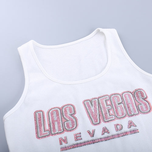 Las Vegas Ribbed Rhinestone Cropped Tank Top