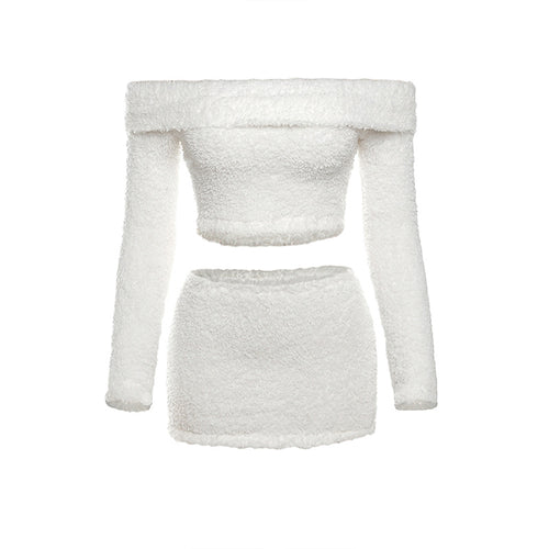 Off-Shoulder Fuzzy Mini Skirt Set