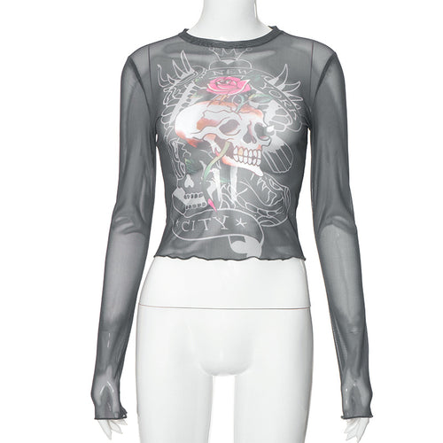 Rose Skull Graphic Print Long Sleeve Mesh Crop Top