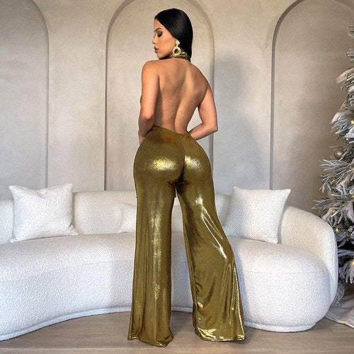 Stella Metallic Plunge Backless Halter Stretch Jumpsuit