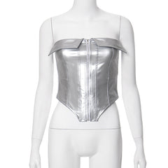 Shine On Metallic Faux Leather Zipper Corset Crop Top