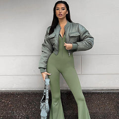 Solid Mock Neck Long Sleeve Zipper Flare Leg Jumpsuit