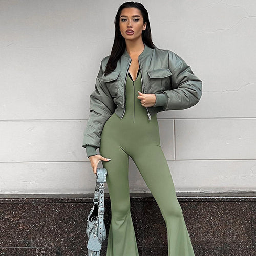 Solid Mock Neck Long Sleeve Zipper Flare Leg Jumpsuit