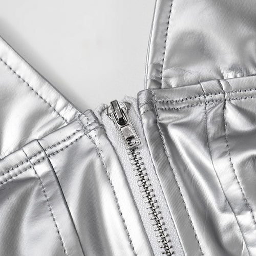 Shine On Metallic Faux Leather Zipper Corset Crop Top