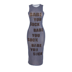 Babe You Suck Printed Mesh Bodycon Midi Dress
