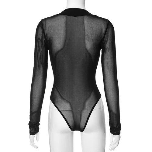 A Hot Mesh Plunge Long Sleeve Bodysuit Top