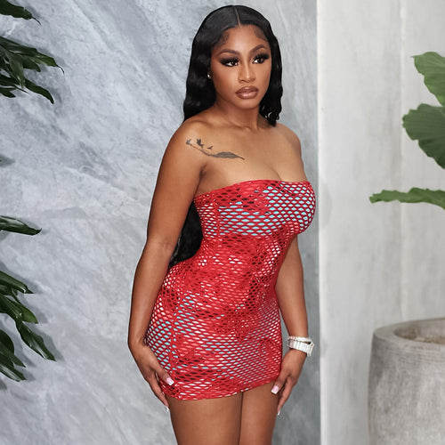 It's All Roses Lace Print Tube Bodycon Mini Dress