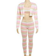 Kamya Striped Knit 3 PC Cami Cardigan Legging Pant Set