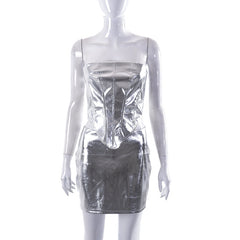 Club Lights Metallic Faux Leather Corset Mini Skirt Set