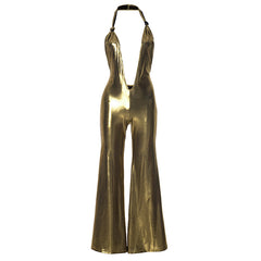 Stella Metallic Plunge Backless Halter Stretch Jumpsuit