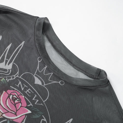 Rose Skull Graphic Print Long Sleeve Mesh Crop Top