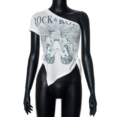 Rock & Roll One Shoulder Vintage Graphic Print Top