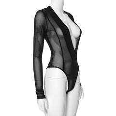 A Hot Mesh Plunge Long Sleeve Bodysuit Top