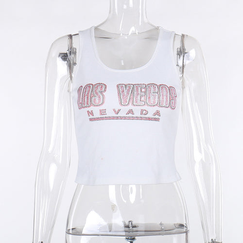 Las Vegas Ribbed Rhinestone Cropped Tank Top