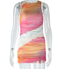 Jenna Watercolor Mesh Overlay Sleeveless Ruched Mini Dress