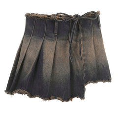 Hot Gossip Washed Low Waist Pleated Denim Micro Mini Skirt