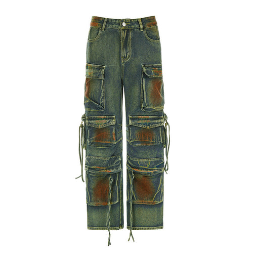 Too Slick To Handle Washed Denim Straight Leg Cargo Jeans