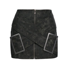 Next Rated Cross Front Buckle Washed Faux Leather Mini Skirt