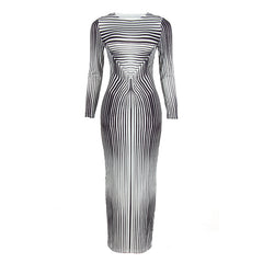 Autumn round Neck Long Sleeve Striped Print Slim Fit High Waist Maxi Dress