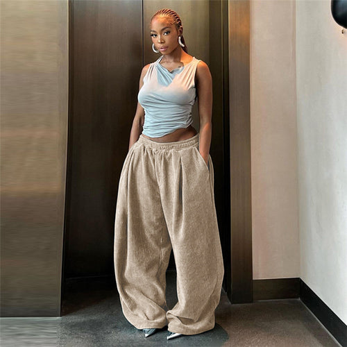 High Waist Loose Fit Wide Leg Ribbed Pants