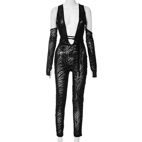 About That Animal Plunge Long Sleeve Mesh Jumpsuit