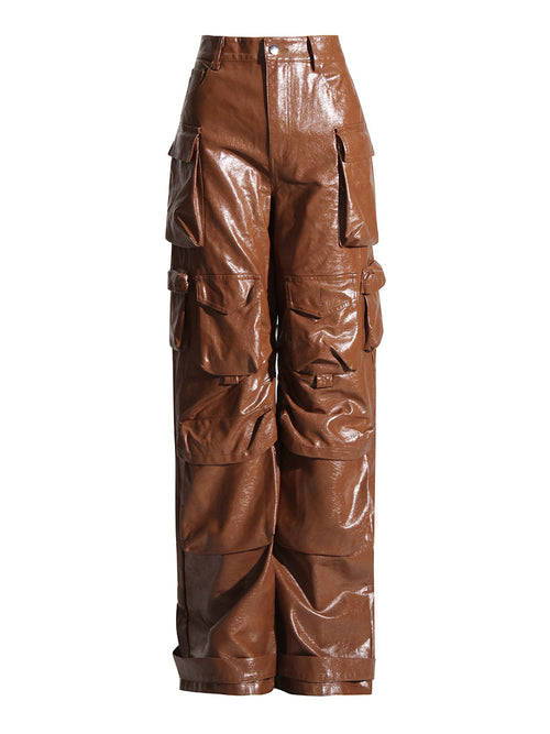 Cori High Waist Faux Leather Straight Leg Cargo Pants