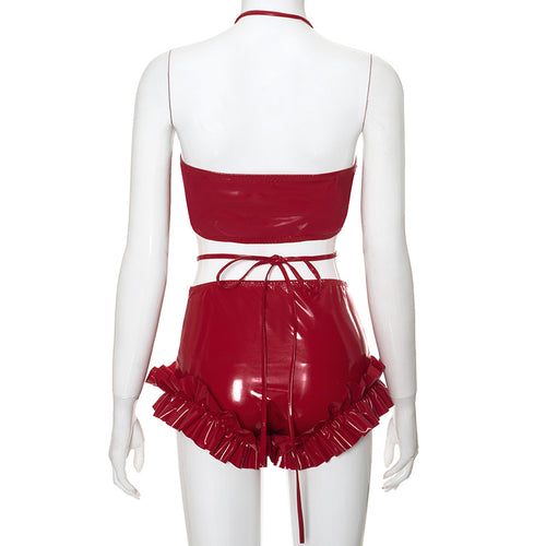 Dripped In Jewels Faux Leather Halter Top High Waist Short Set