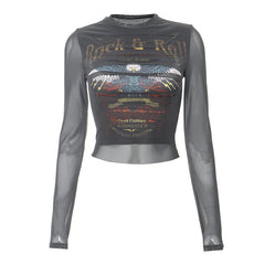 Rock & Roll Vintage Graphic Ripped Mesh Long Sleeve Crop Top