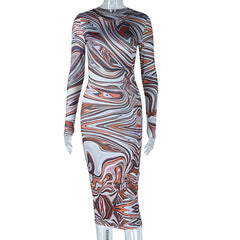 Retro Printed Long Sleeve Midi Dress