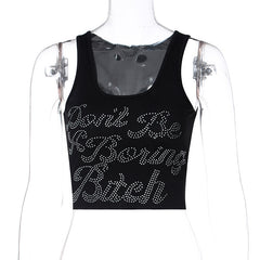 Don't Be A Boring Bitch Rhinestone Ribbed Cropped Tank