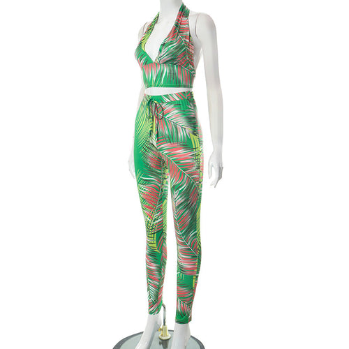 Feeling Tropical Printed Open Back Halter Legging Pant Set