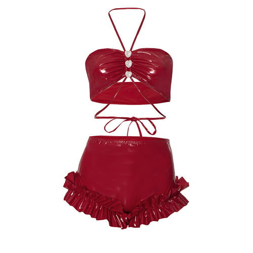 Dripped In Jewels Faux Leather Halter Top High Waist Short Set