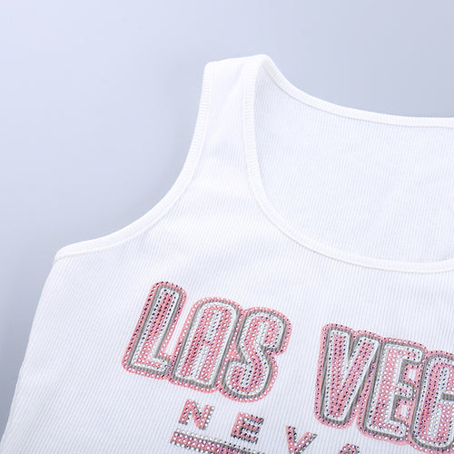 Las Vegas Ribbed Rhinestone Cropped Tank Top